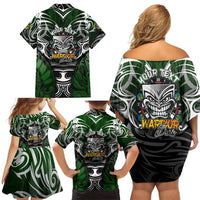 Personalised Warriors Maori Darts Family Matching Off Shoulder Short Dress and Hawaiian Shirt New Zealand Darts Silver Fern