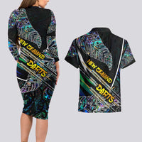 Personalised New Zealand Darts Couples Matching Long Sleeve Bodycon Dress and Hawaiian Shirt NZ Paua Shell Maori Fern