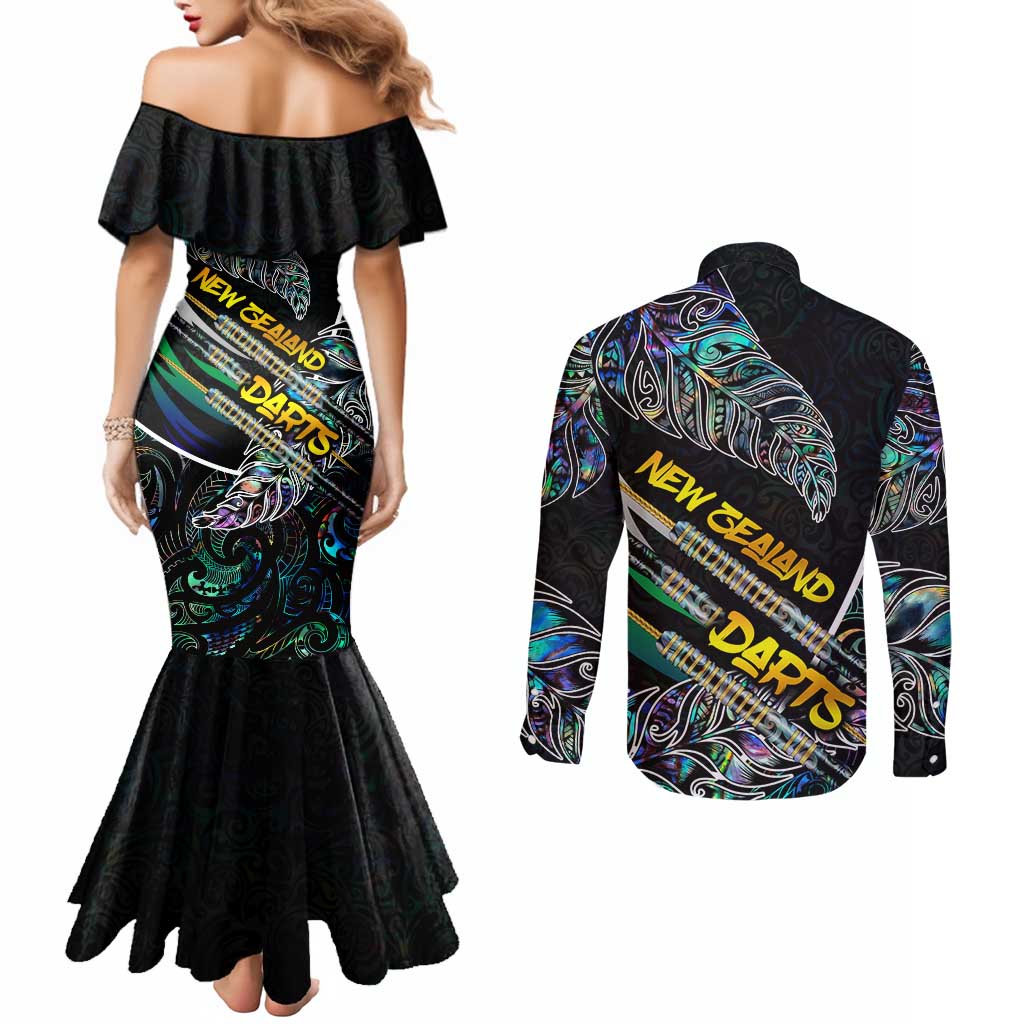 Personalised New Zealand Darts Couples Matching Mermaid Dress and Long Sleeve Button Shirt NZ Paua Shell Maori Fern