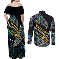 Personalised New Zealand Darts Couples Matching Off Shoulder Maxi Dress and Long Sleeve Button Shirt NZ Paua Shell Maori Fern