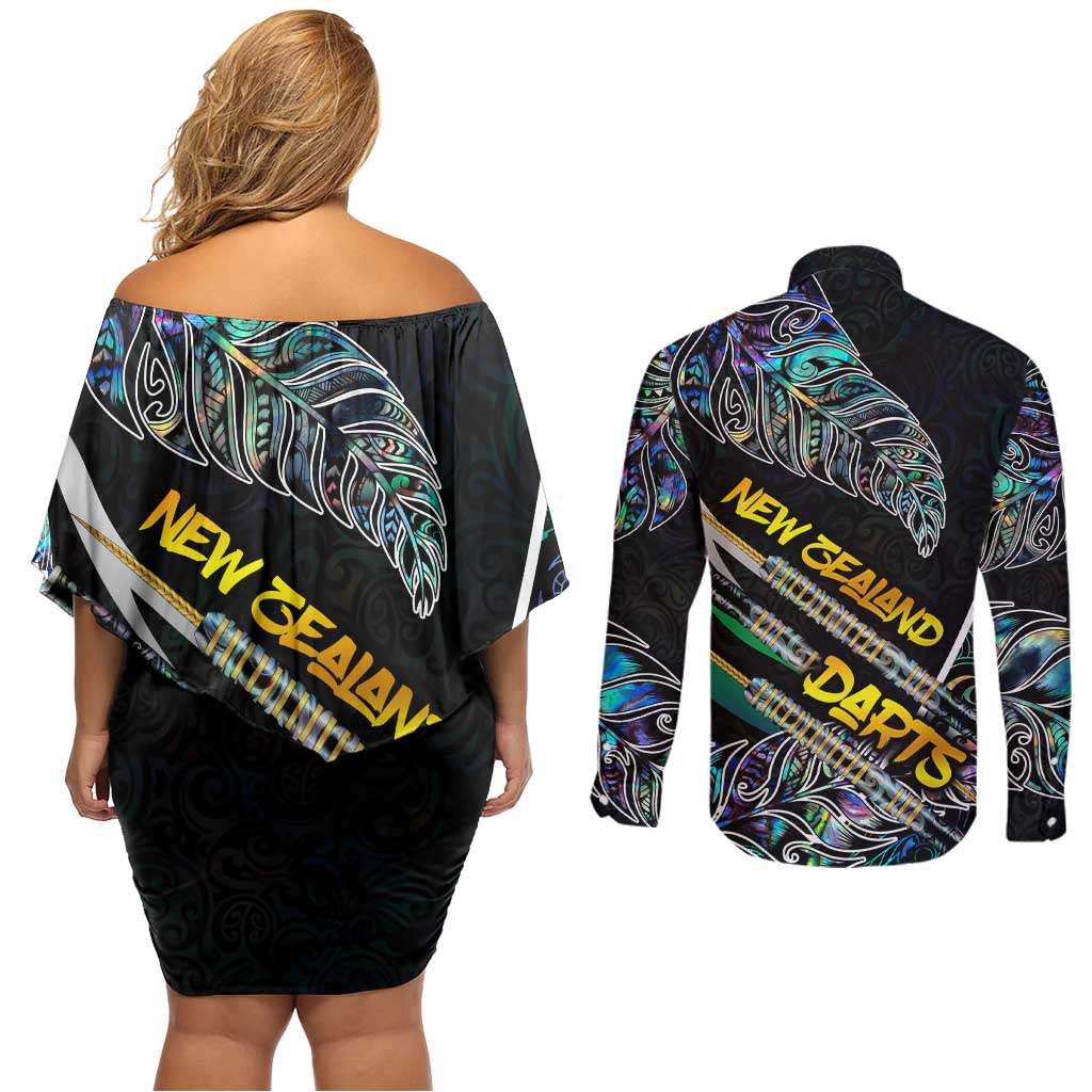 Personalised New Zealand Darts Couples Matching Off Shoulder Short Dress and Long Sleeve Button Shirt NZ Paua Shell Maori Fern