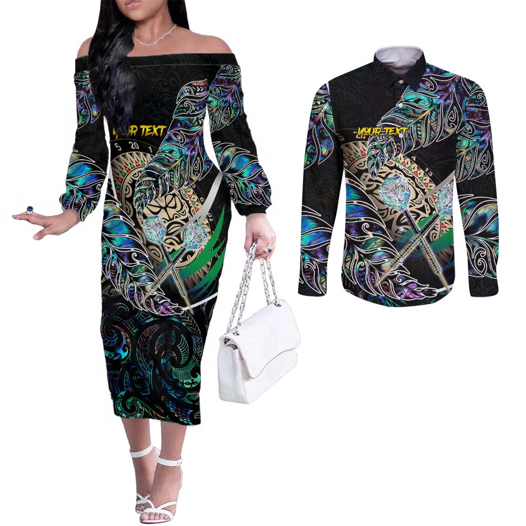 Personalised New Zealand Darts Couples Matching Off The Shoulder Long Sleeve Dress and Long Sleeve Button Shirt NZ Paua Shell Maori Fern