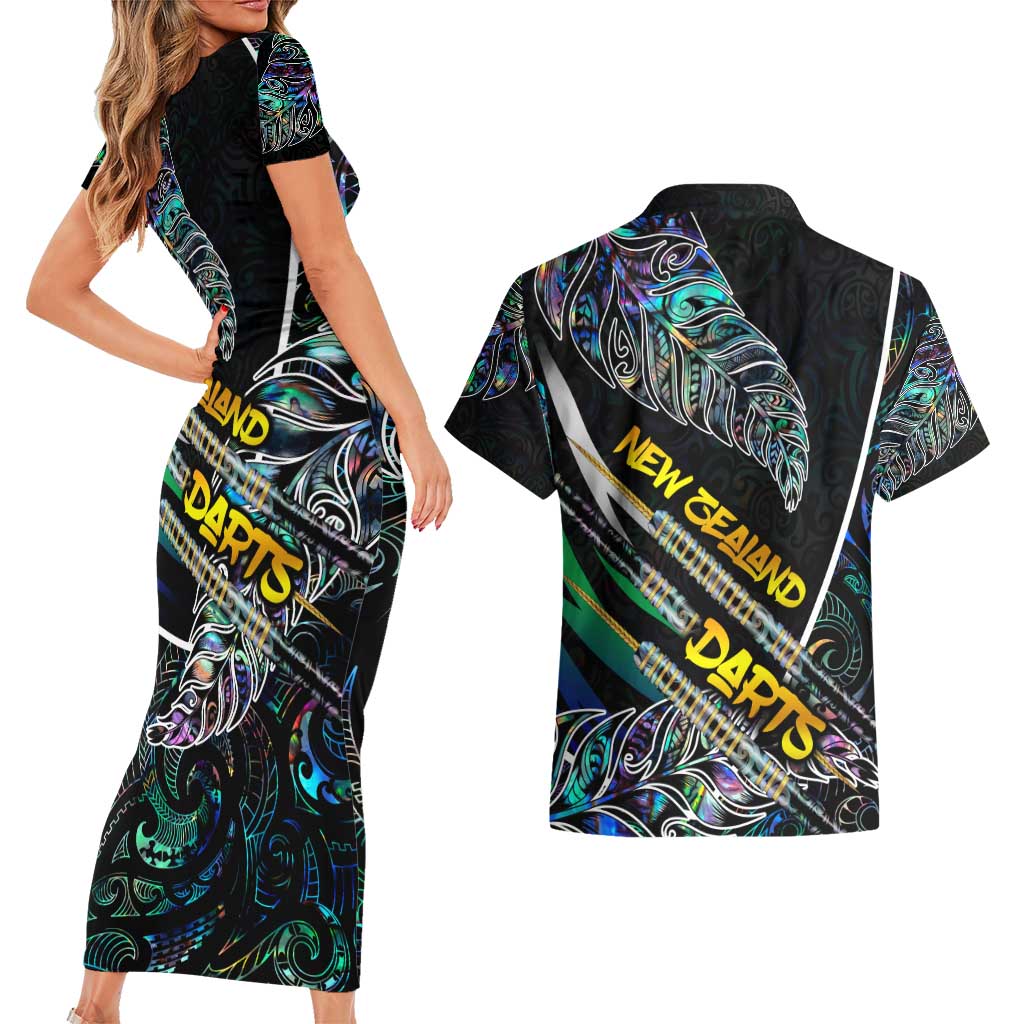 Personalised New Zealand Darts Couples Matching Short Sleeve Bodycon Dress and Hawaiian Shirt NZ Paua Shell Maori Fern