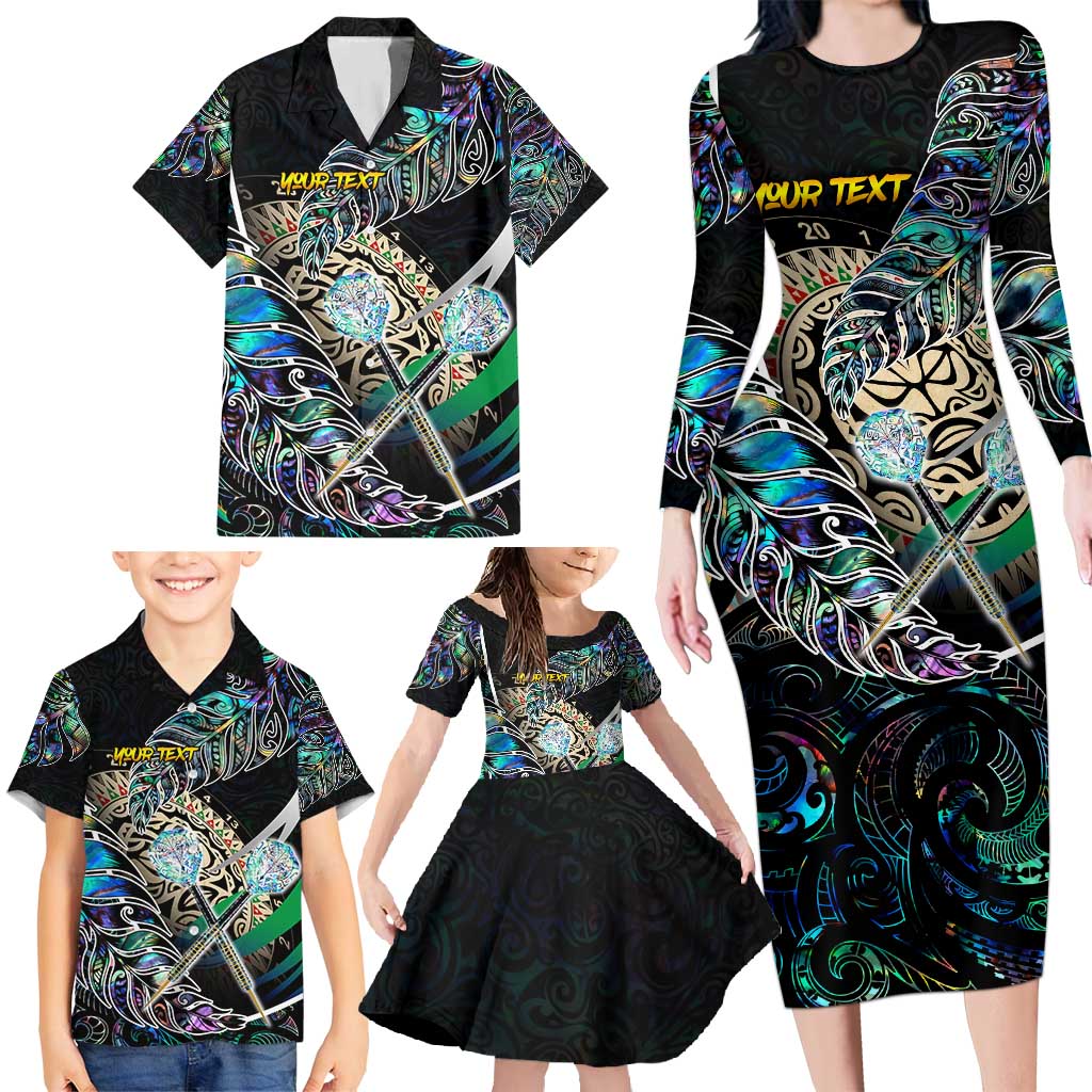 Personalised New Zealand Darts Family Matching Long Sleeve Bodycon Dress and Hawaiian Shirt NZ Paua Shell Maori Fern