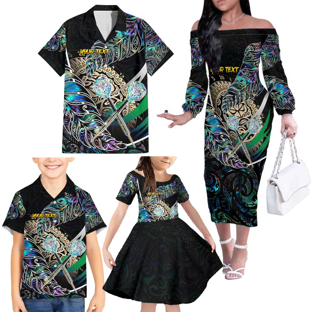 Personalised New Zealand Darts Family Matching Off The Shoulder Long Sleeve Dress and Hawaiian Shirt NZ Paua Shell Maori Fern