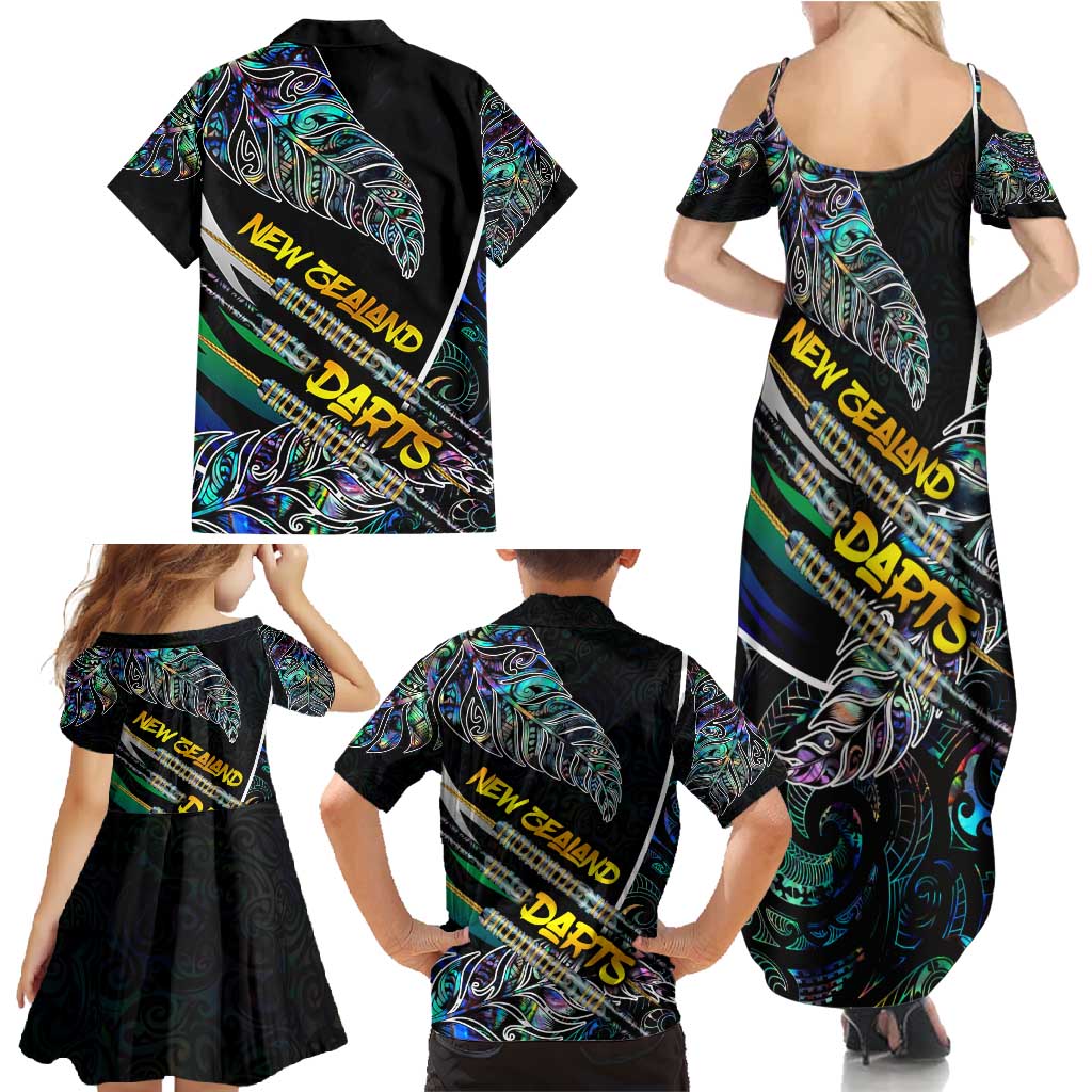 Personalised New Zealand Darts Family Matching Summer Maxi Dress and Hawaiian Shirt NZ Paua Shell Maori Fern