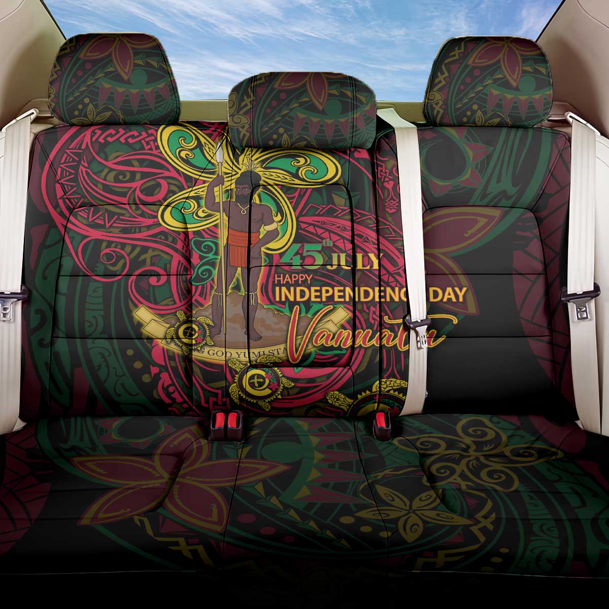 Vanuatu 45th Independence Anniversary Back Car Seat Cover Flower Melanesian Namele Turtle - Polynesian Pride