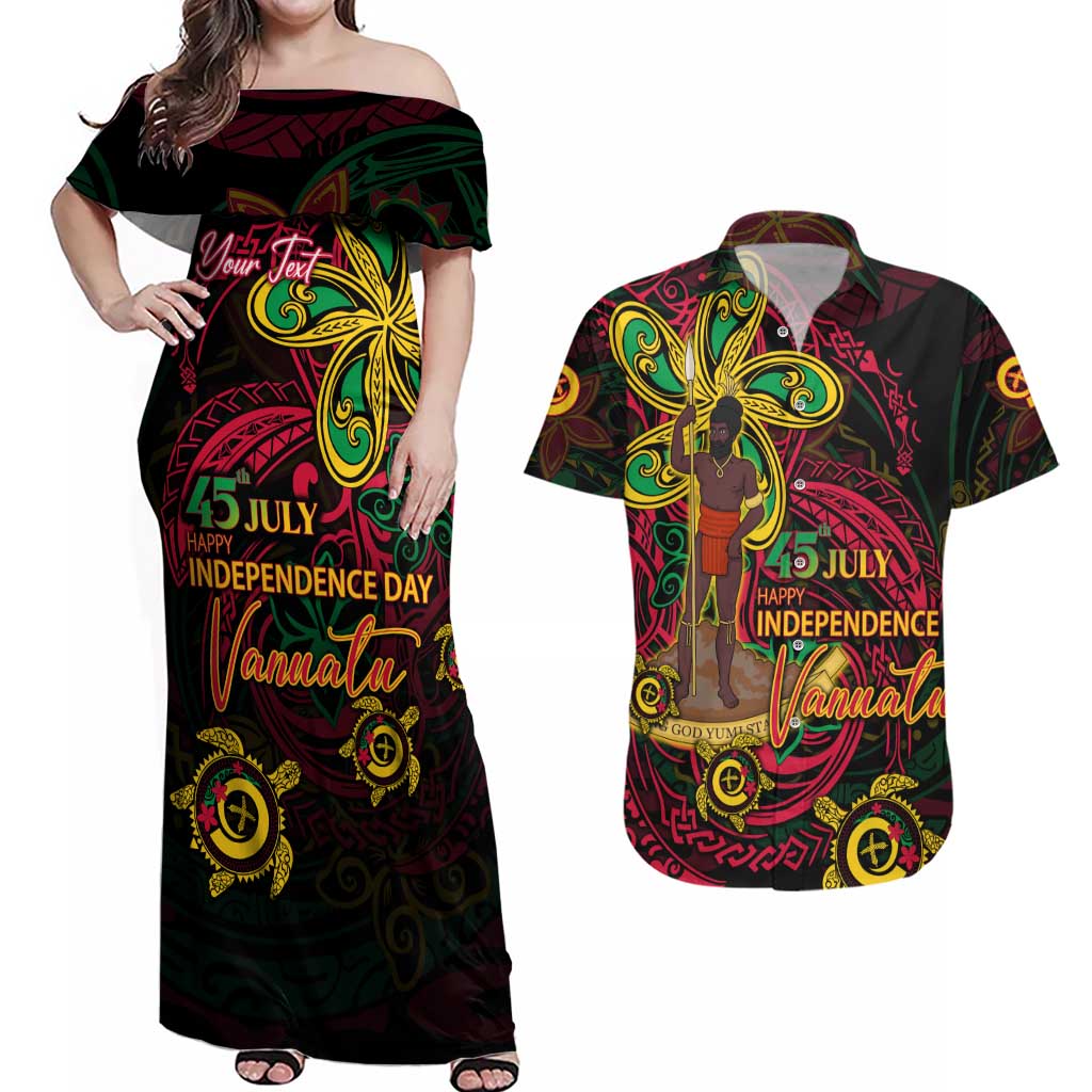 Custom Vanuatu 45th Independence Anniversary Couples Matching Off Shoulder Maxi Dress and Hawaiian Shirt Flower Melanesian Namele Turtle - Polynesian Pride