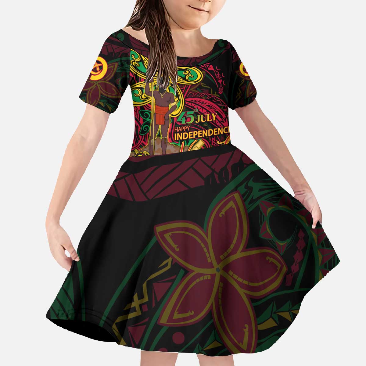 Custom Vanuatu 45th Independence Anniversary Family Matching Off The Shoulder Long Sleeve Dress and Hawaiian Shirt Flower Melanesian Namele Turtle - Polynesian Pride