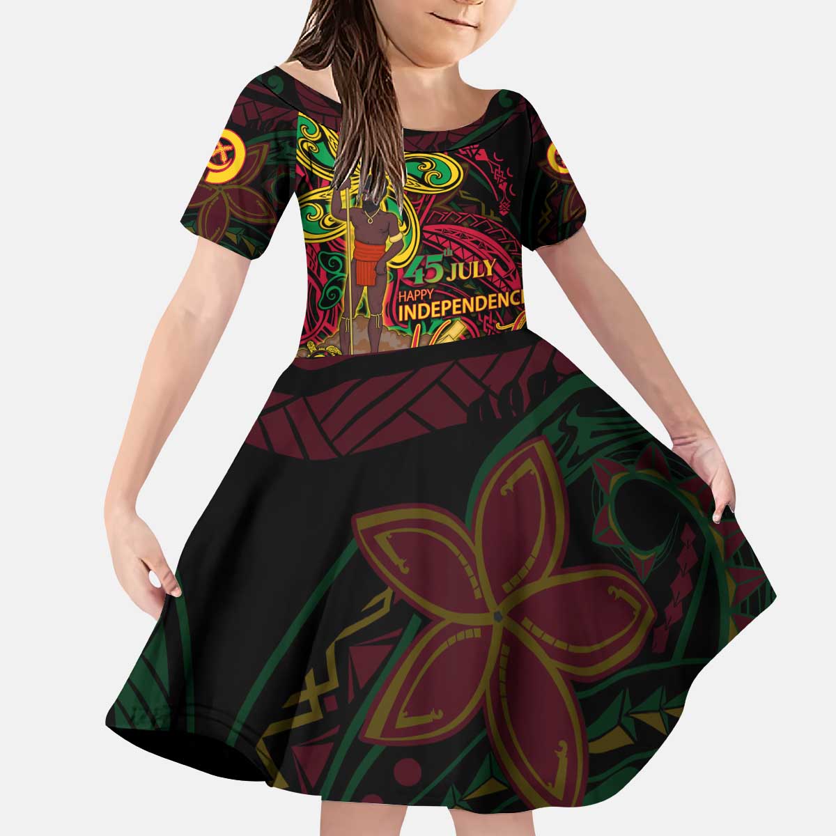 Custom Vanuatu 45th Independence Anniversary Kid Short Sleeve Dress Flower Melanesian Namele Turtle - Polynesian Pride