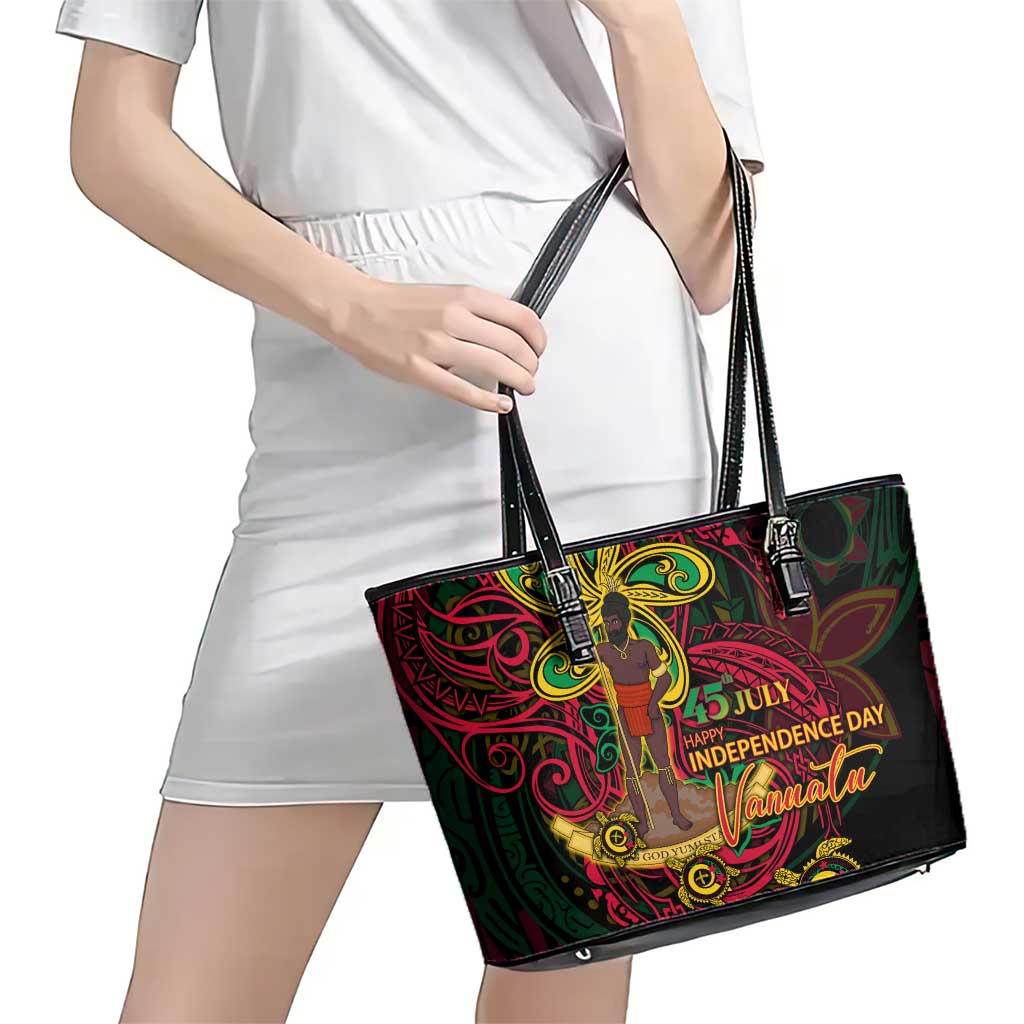 Vanuatu 45th Independence Anniversary Leather Tote Bag Flower Melanesian Namele Turtle - Polynesian Pride