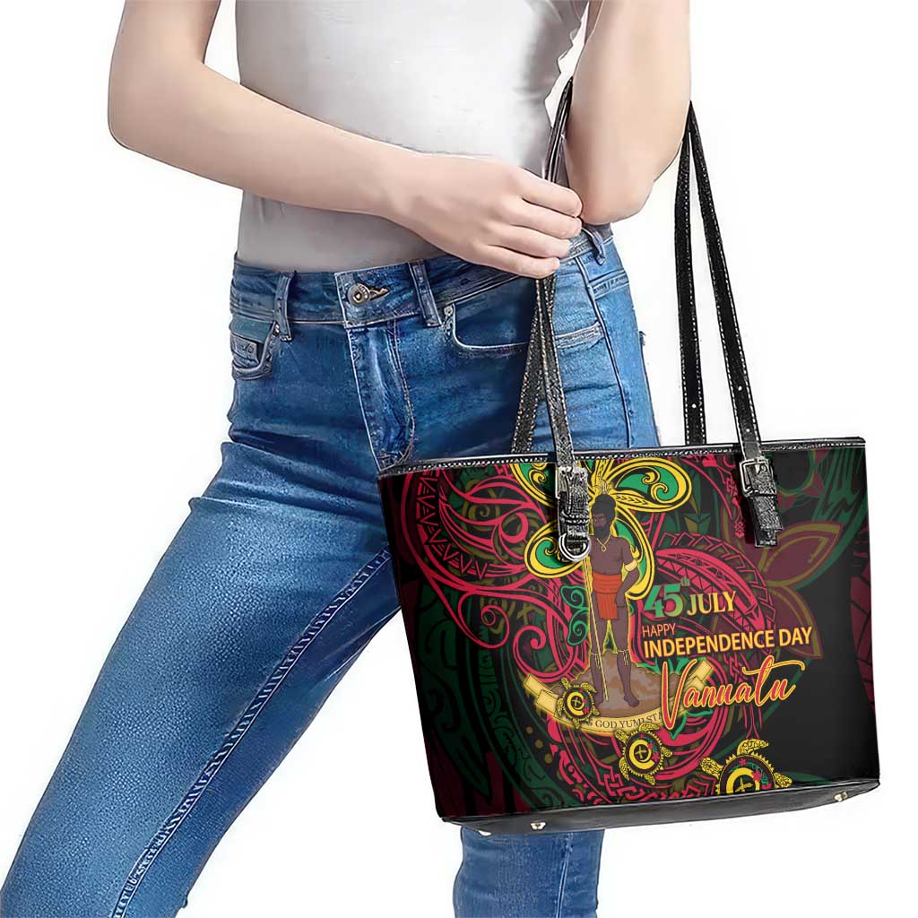 Vanuatu 45th Independence Anniversary Leather Tote Bag Flower Melanesian Namele Turtle - Polynesian Pride