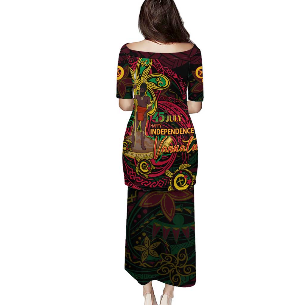 Custom Vanuatu 45th Independence Anniversary Puletasi Flower Melanesian Namele Turtle - Polynesian Pride