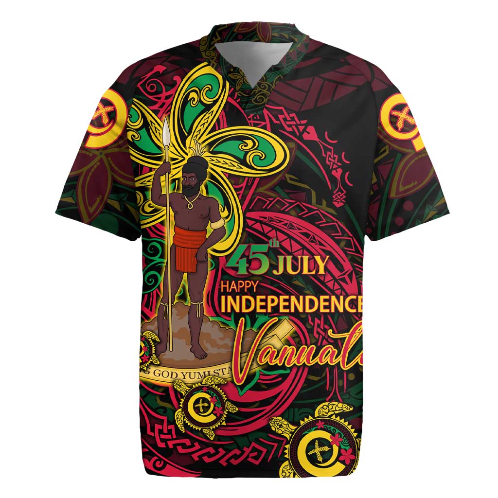 Custom Vanuatu 45th Independence Anniversary Rugby Jersey Flower Melanesian Namele Turtle - Polynesian Pride