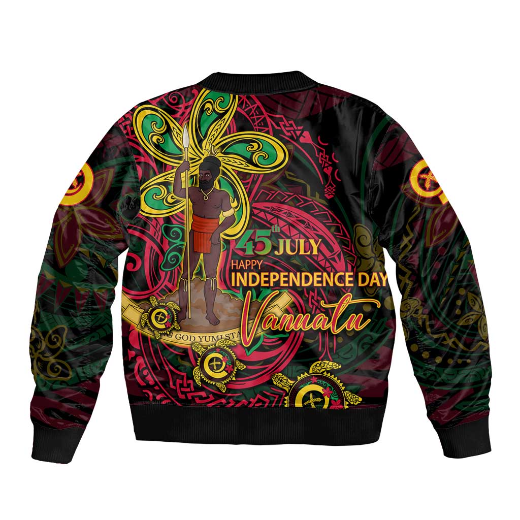 Custom Vanuatu 45th Independence Anniversary Sleeve Zip Bomber Jacket Flower Melanesian Namele Turtle - Polynesian Pride