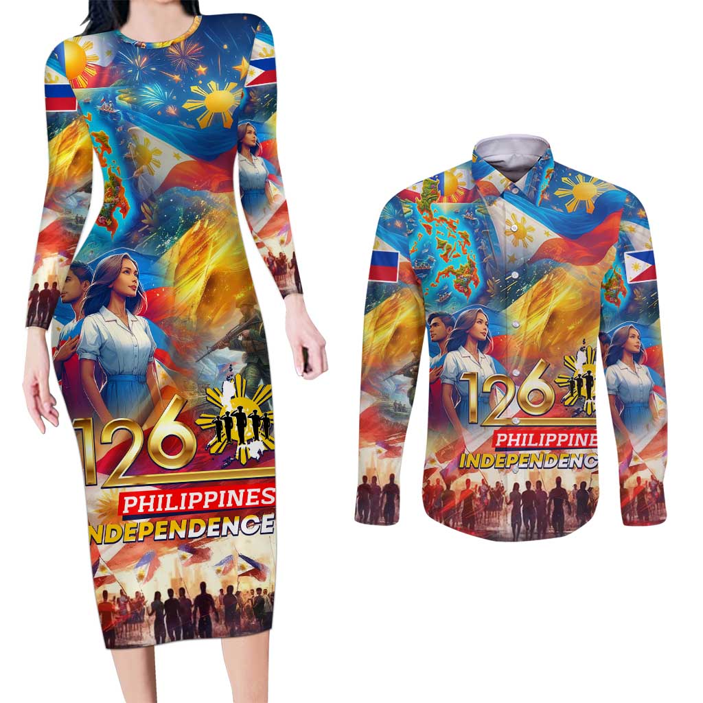 Custom The Philippines 126th Independence Anniversary Couples Matching Long Sleeve Bodycon Dress and Long Sleeve Button Shirt Art Style - Polynesian Pride