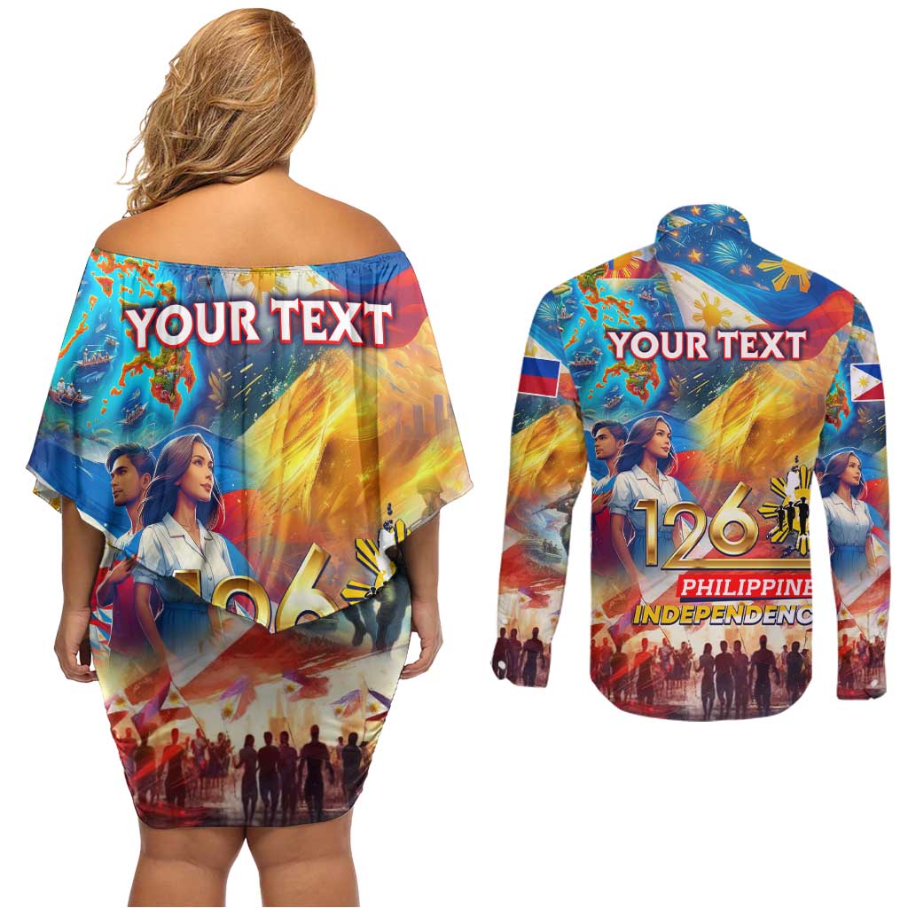 Custom The Philippines 126th Independence Anniversary Couples Matching Off Shoulder Short Dress and Long Sleeve Button Shirt Art Style - Polynesian Pride