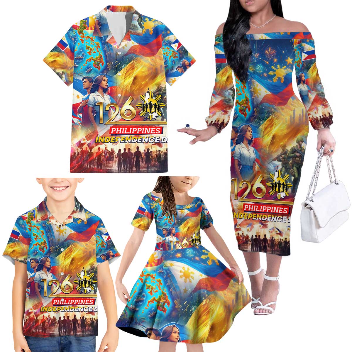 Custom The Philippines 126th Independence Anniversary Family Matching Off The Shoulder Long Sleeve Dress and Hawaiian Shirt Art Style - Polynesian Pride