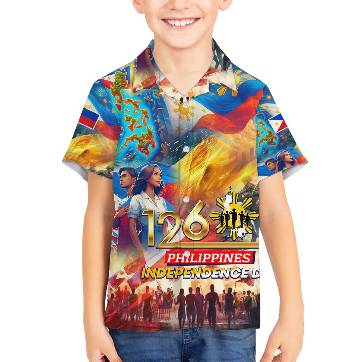 Custom The Philippines 126th Independence Anniversary Family Matching Off The Shoulder Long Sleeve Dress and Hawaiian Shirt Art Style - Polynesian Pride