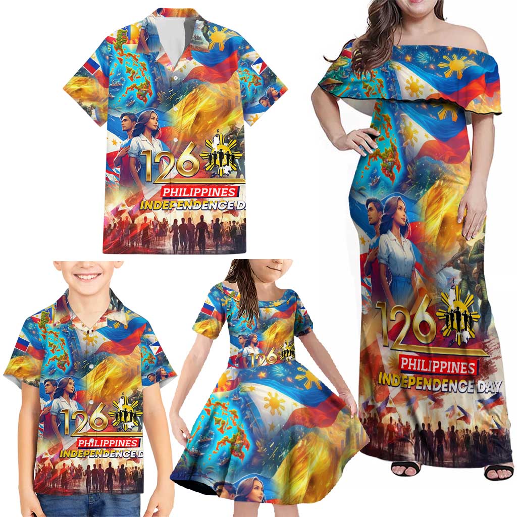 Custom The Philippines 126th Independence Anniversary Family Matching Off Shoulder Maxi Dress and Hawaiian Shirt Art Style - Polynesian Pride