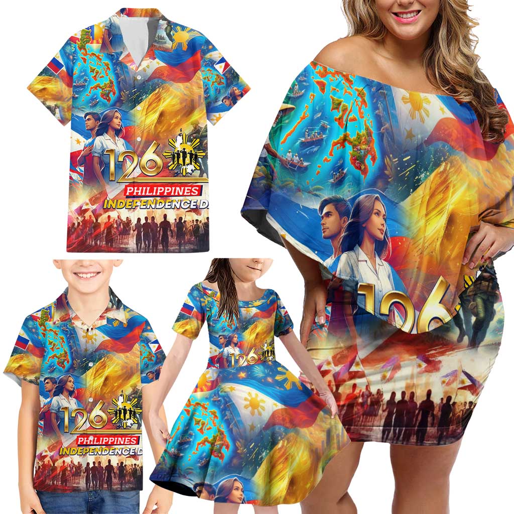 Custom The Philippines 126th Independence Anniversary Family Matching Off Shoulder Short Dress and Hawaiian Shirt Art Style - Polynesian Pride