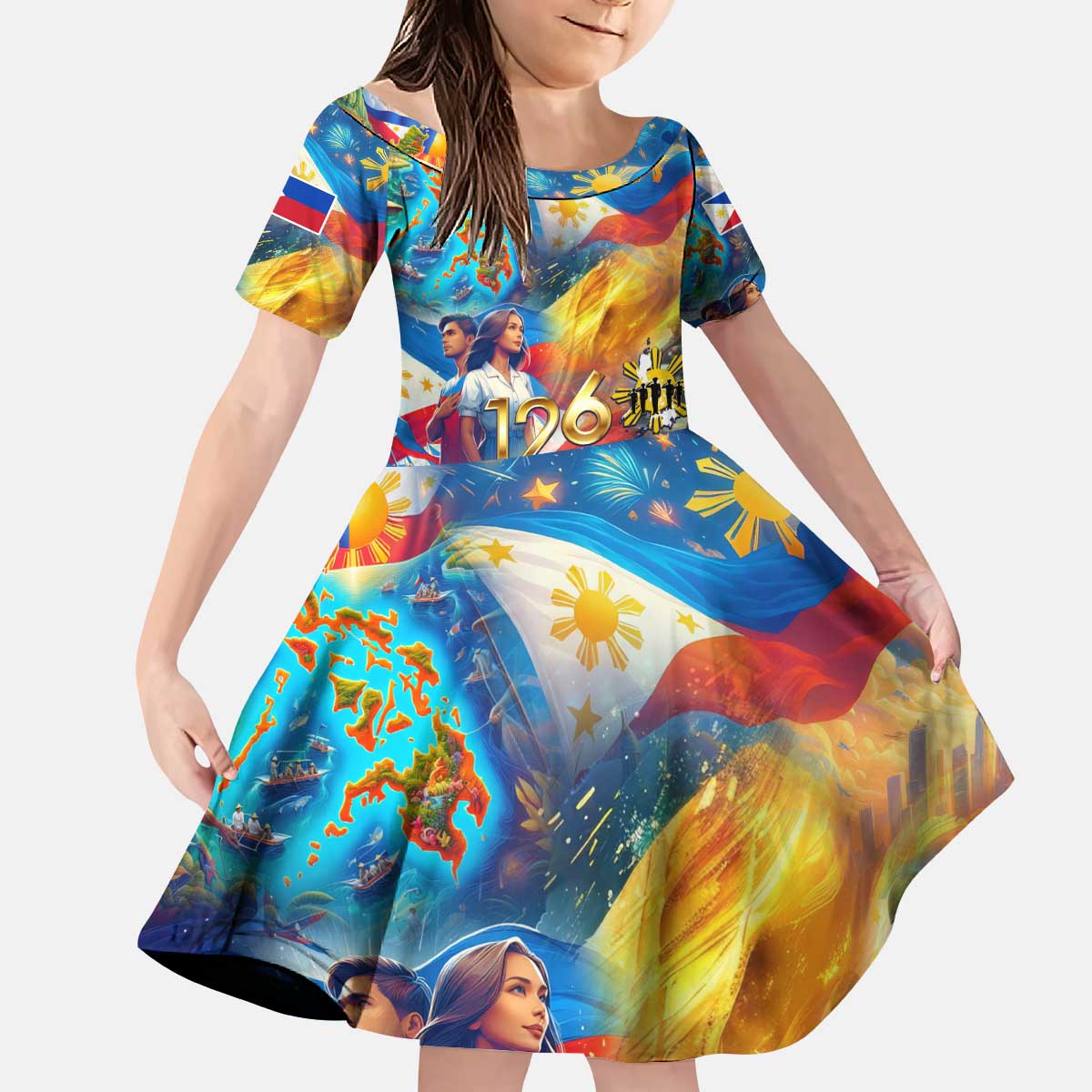 Custom The Philippines 126th Independence Anniversary Kid Short Sleeve Dress Art Style - Polynesian Pride