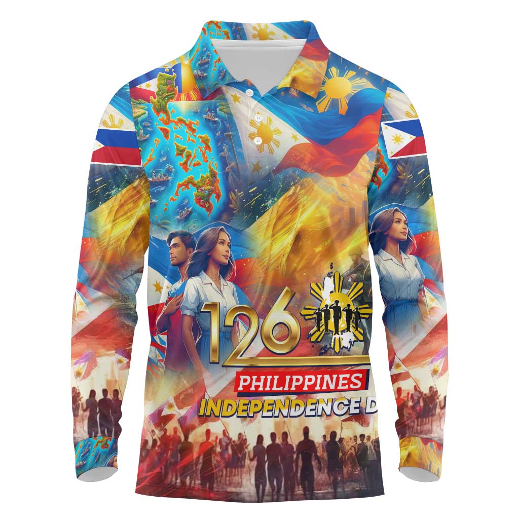 Custom The Philippines 126th Independence Anniversary Long Sleeve Polo Shirt Art Style - Polynesian Pride