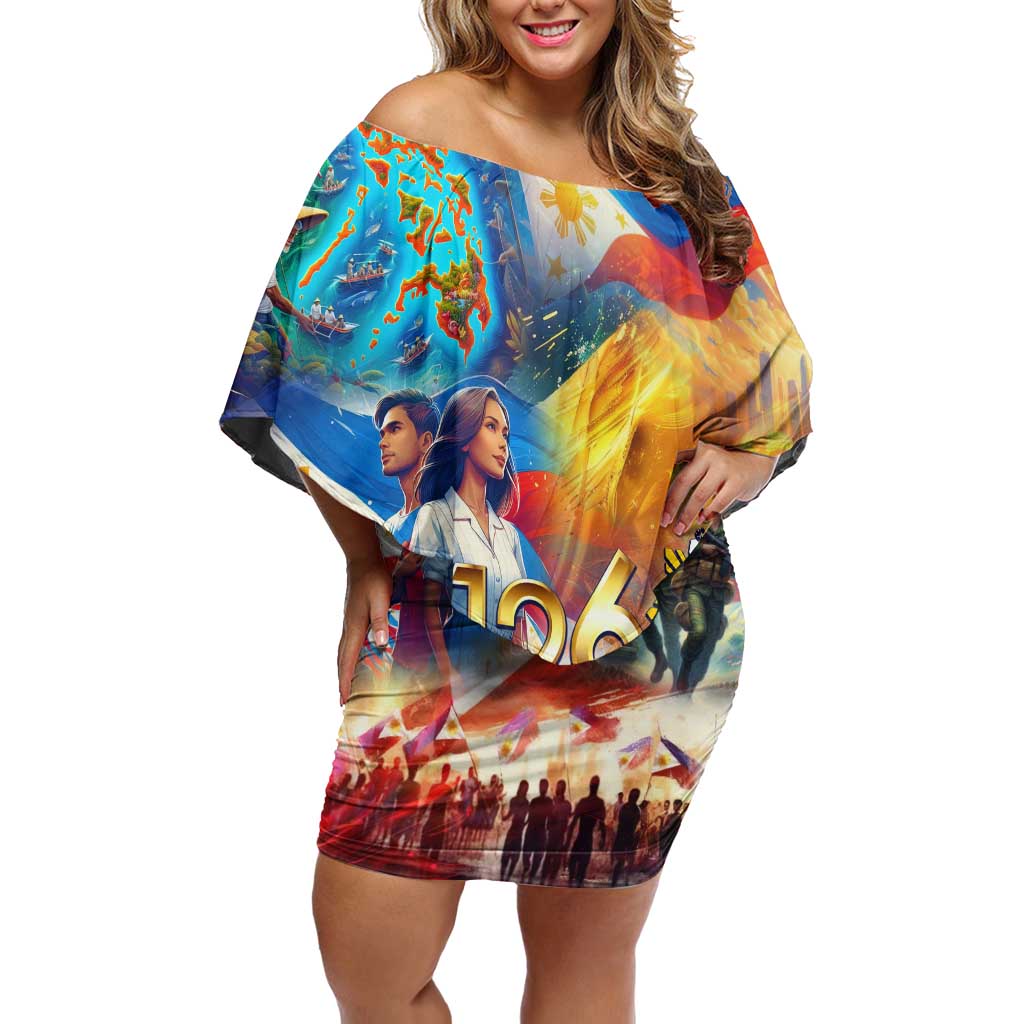 Custom The Philippines 126th Independence Anniversary Off Shoulder Short Dress Art Style - Polynesian Pride