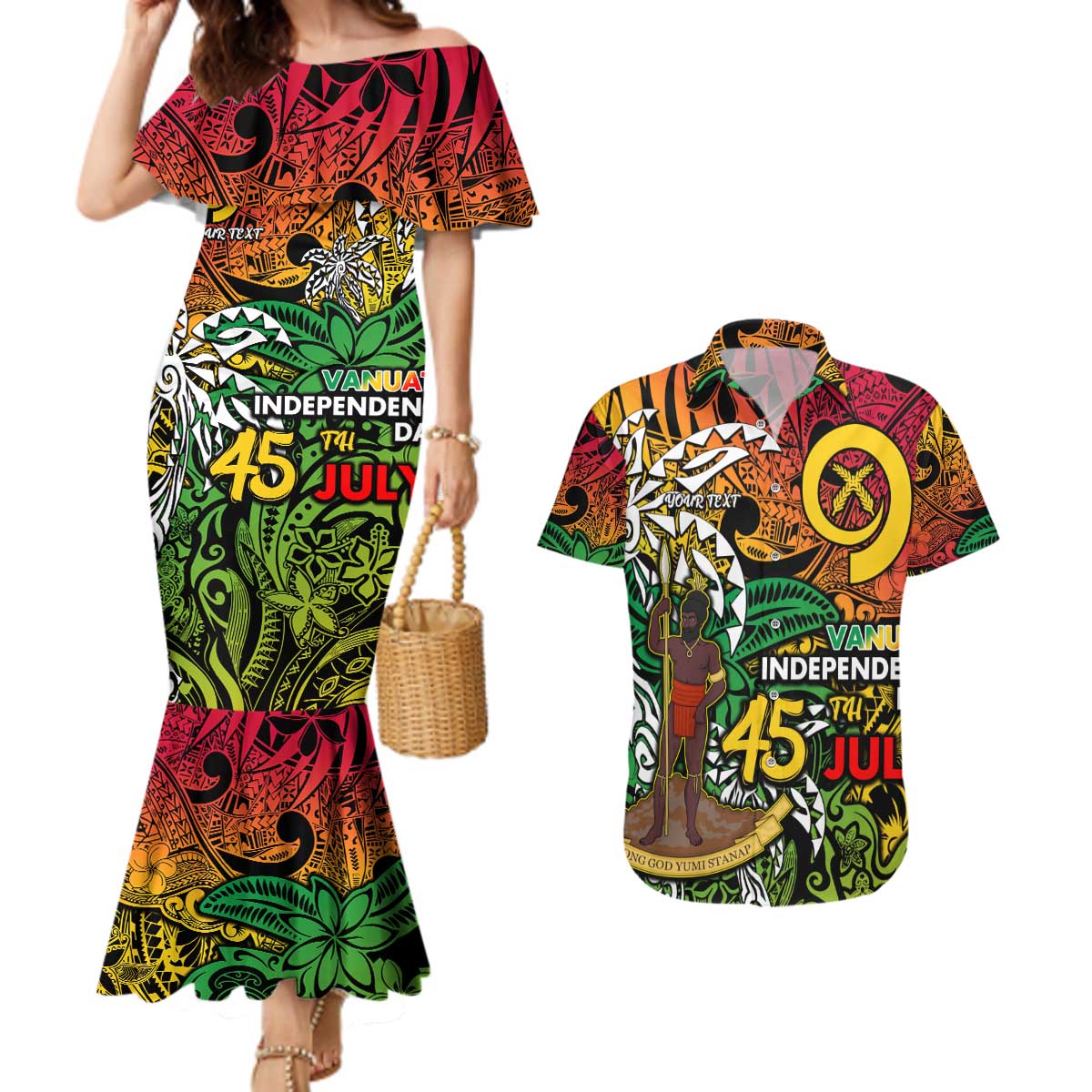 Personalized Vanuatu 45th Independence Anniversary Couples Matching Mermaid Dress and Hawaiian Shirt Melanesian Pattern Reggae - Polynesian Pride