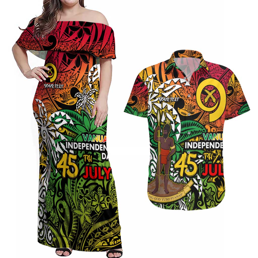 Personalized Vanuatu 45th Independence Anniversary Couples Matching Off Shoulder Maxi Dress and Hawaiian Shirt Melanesian Pattern Reggae - Polynesian Pride