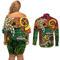 Personalized Vanuatu 45th Independence Anniversary Couples Matching Off Shoulder Short Dress and Long Sleeve Button Shirt Melanesian Pattern Reggae DT02 - Polynesian Pride