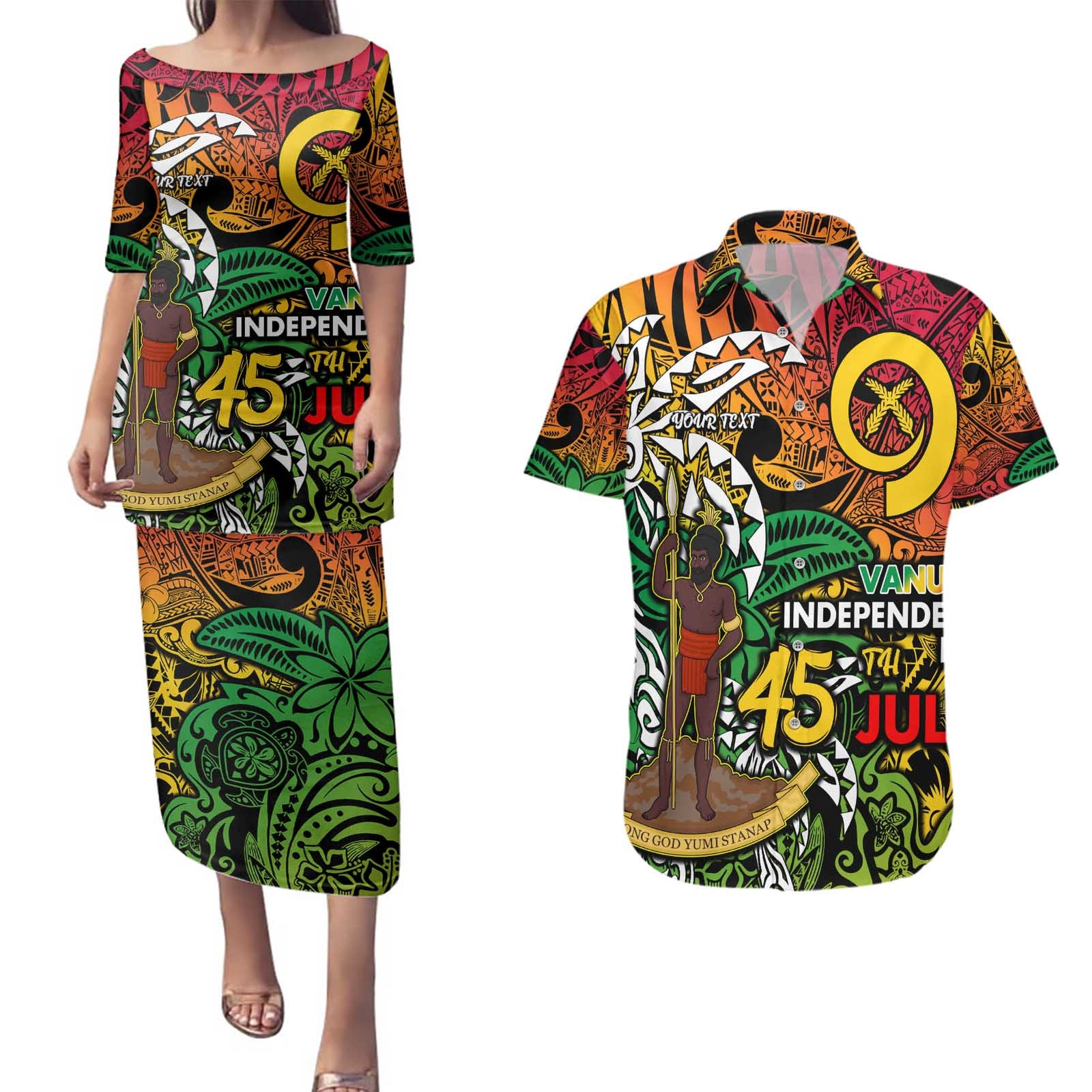 Personalized Vanuatu 45th Independence Anniversary Couples Matching Puletasi and Hawaiian Shirt Melanesian Pattern Reggae - Polynesian Pride
