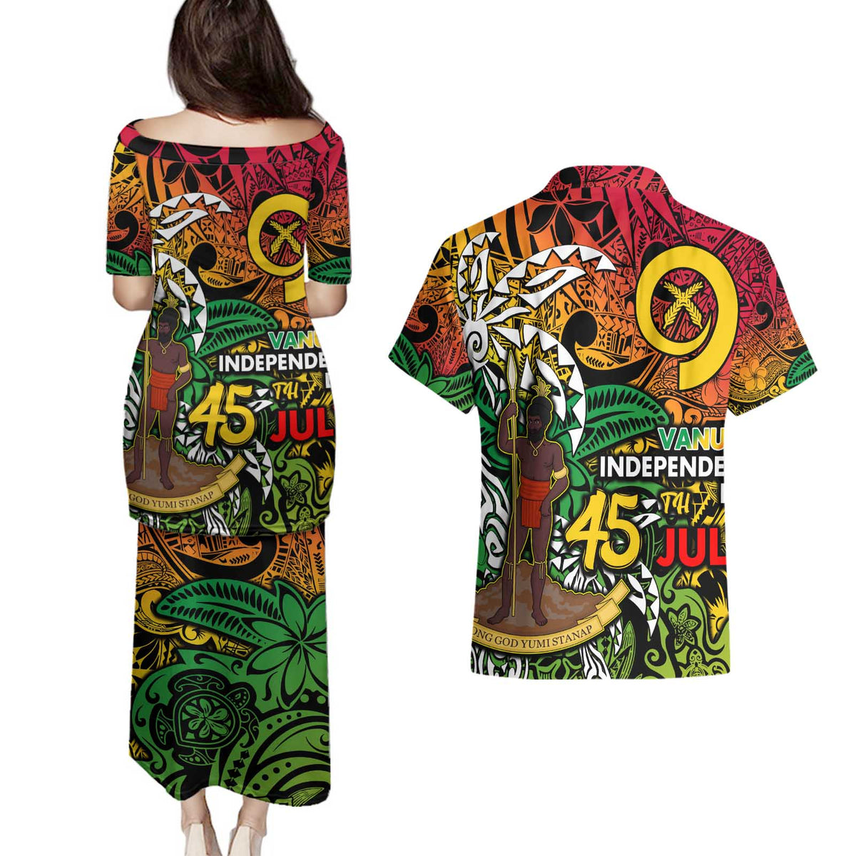 Personalized Vanuatu 45th Independence Anniversary Couples Matching Puletasi and Hawaiian Shirt Melanesian Pattern Reggae - Polynesian Pride