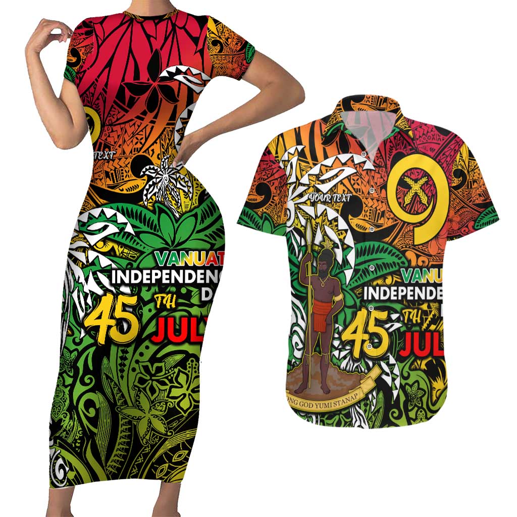 Personalized Vanuatu 45th Independence Anniversary Couples Matching Short Sleeve Bodycon Dress and Hawaiian Shirt Melanesian Pattern Reggae - Polynesian Pride