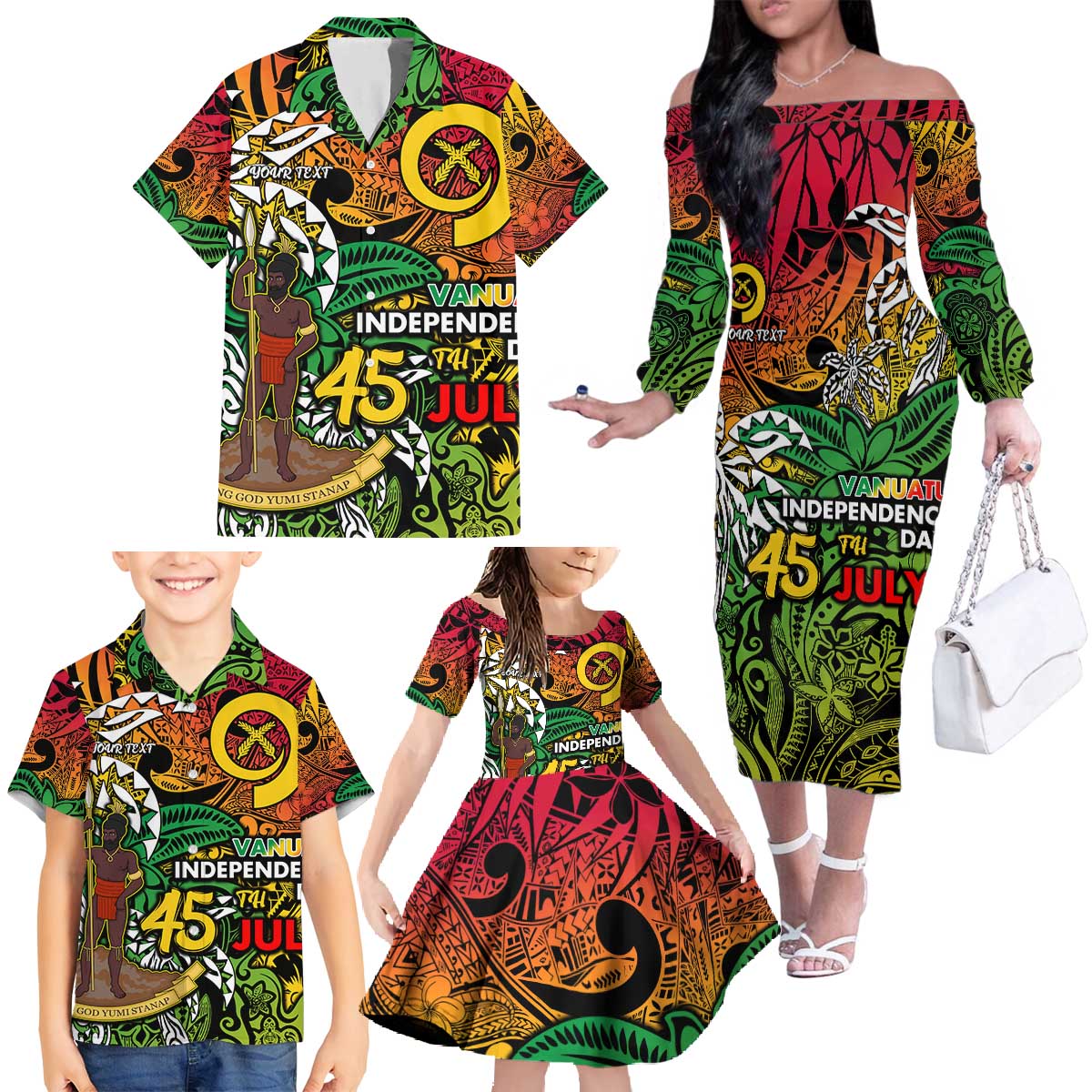 Personalized Vanuatu 45th Independence Anniversary Family Matching Off The Shoulder Long Sleeve Dress and Hawaiian Shirt Melanesian Pattern Reggae - Polynesian Pride