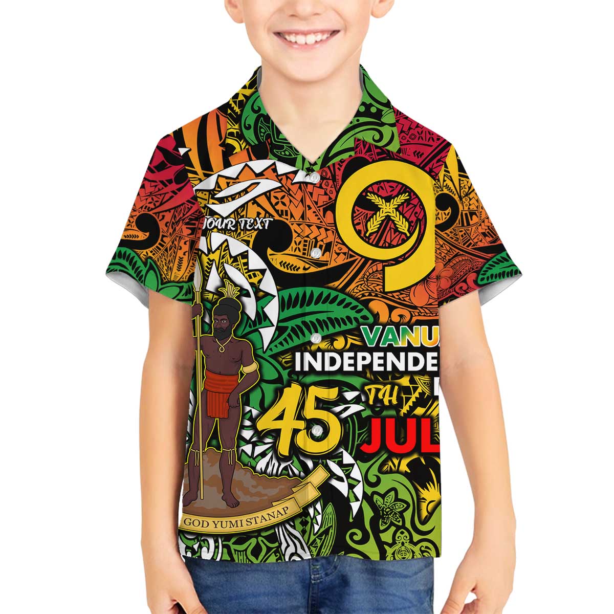 Personalized Vanuatu 45th Independence Anniversary Family Matching Off The Shoulder Long Sleeve Dress and Hawaiian Shirt Melanesian Pattern Reggae - Polynesian Pride