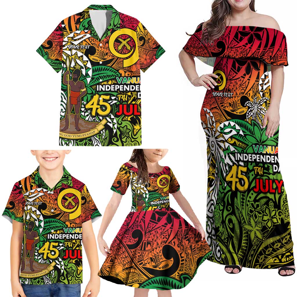 Personalized Vanuatu 45th Independence Anniversary Family Matching Off Shoulder Maxi Dress and Hawaiian Shirt Melanesian Pattern Reggae - Polynesian Pride