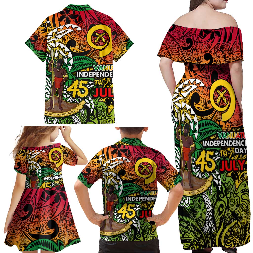 Personalized Vanuatu 45th Independence Anniversary Family Matching Off Shoulder Maxi Dress and Hawaiian Shirt Melanesian Pattern Reggae DT02 - Polynesian Pride