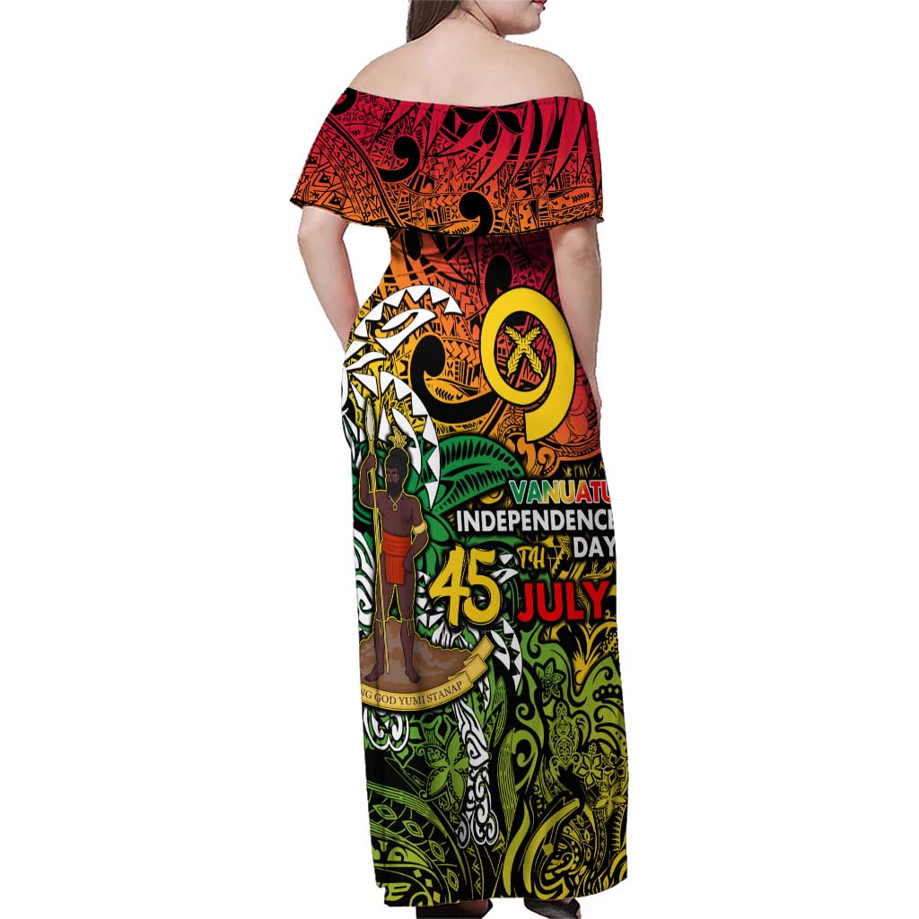 Personalized Vanuatu 45th Independence Anniversary Family Matching Off Shoulder Maxi Dress and Hawaiian Shirt Melanesian Pattern Reggae DT02 - Polynesian Pride