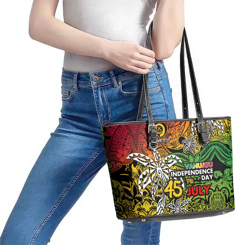 Personalized Vanuatu 45th Independence Anniversary Leather Tote Bag Melanesian Pattern Reggae - Polynesian Pride