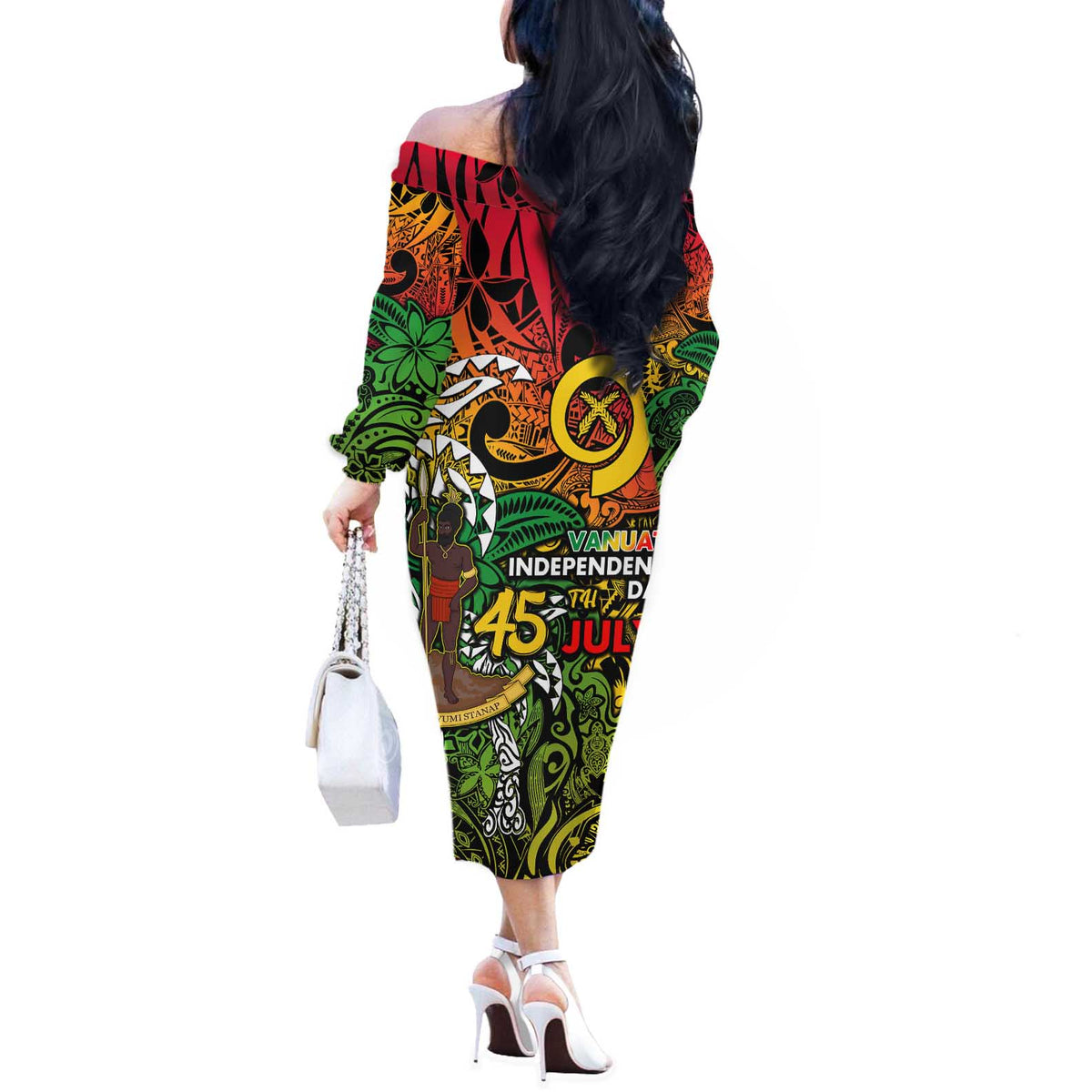 Personalized Vanuatu 45th Independence Anniversary Off The Shoulder Long Sleeve Dress Melanesian Pattern Reggae - Polynesian Pride