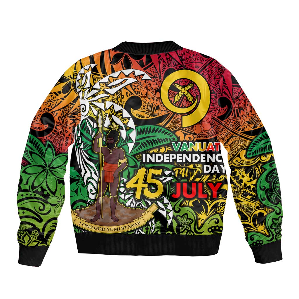 Personalized Vanuatu 45th Independence Anniversary Sleeve Zip Bomber Jacket Melanesian Pattern Reggae - Polynesian Pride