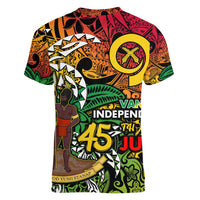 Personalized Vanuatu 45th Independence Anniversary Women V-Neck T-Shirt Melanesian Pattern Reggae - Polynesian Pride
