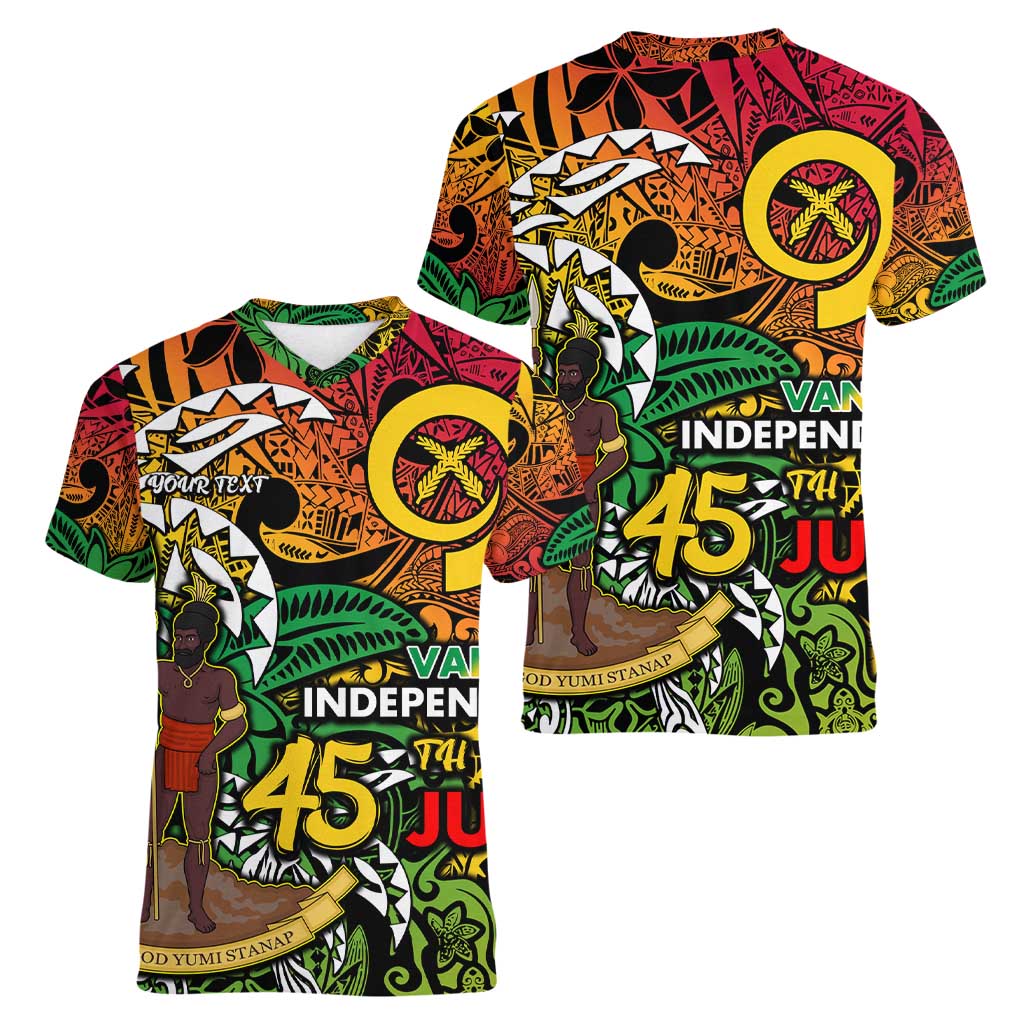 Personalized Vanuatu 45th Independence Anniversary Women V-Neck T-Shirt Melanesian Pattern Reggae - Polynesian Pride
