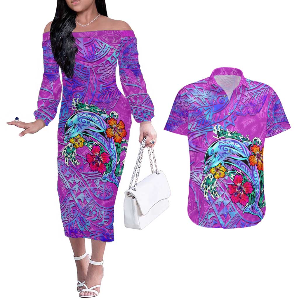 Personalized Dolphin Polynesia Couples Matching Off The Shoulder Long Sleeve Dress and Hawaiian Shirt Hibiscus Tropical Wave - Purple Vibes