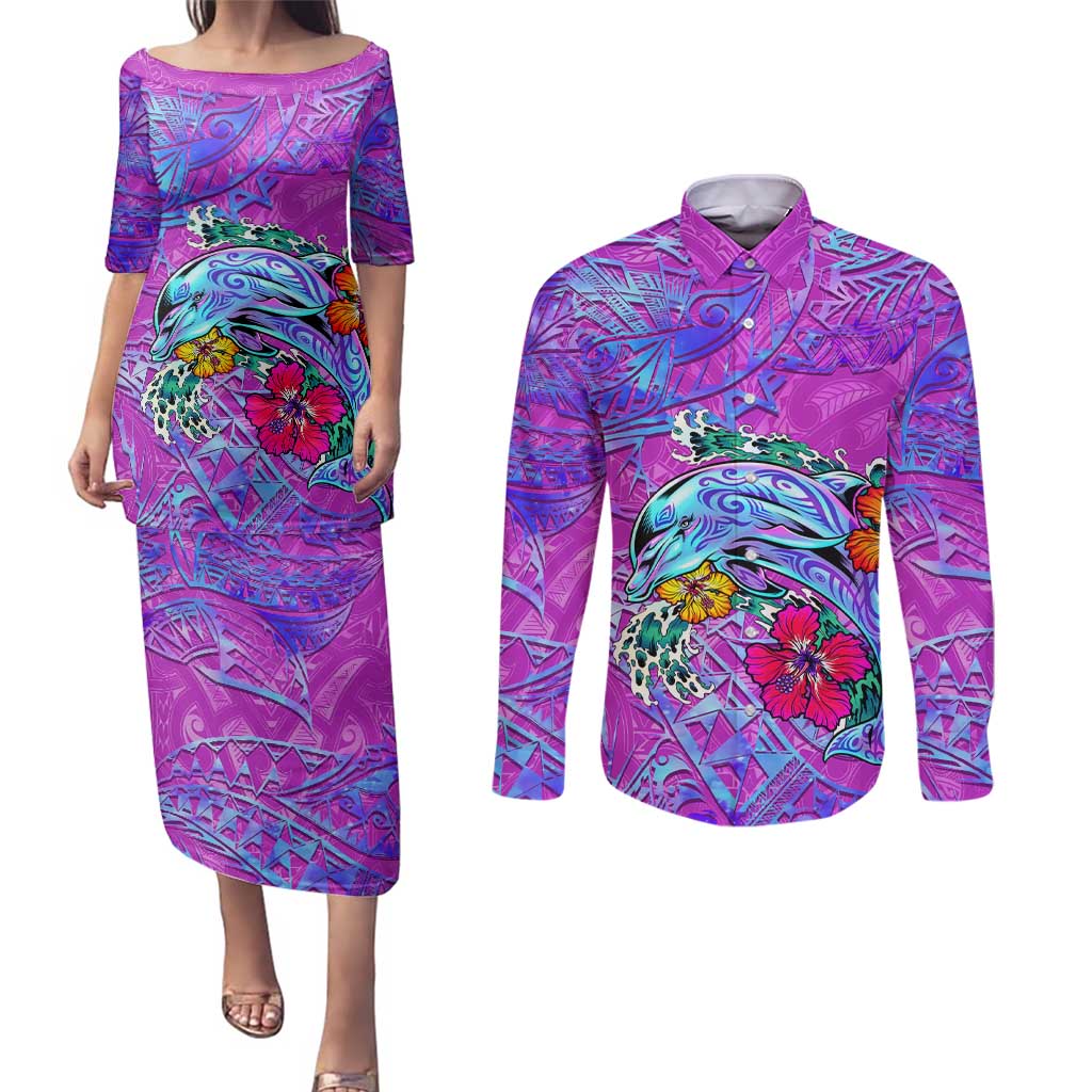 Personalized Dolphin Polynesia Couples Matching Puletasi and Long Sleeve Button Shirt Hibiscus Tropical Wave - Purple Vibes