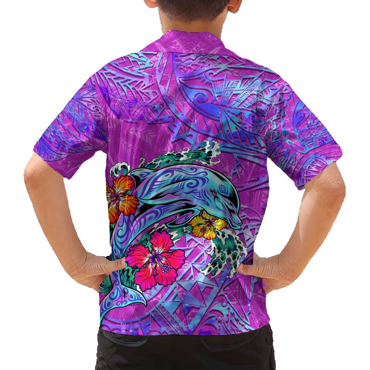 Personalized Dolphin Polynesia Family Matching Off The Shoulder Long Sleeve Dress and Hawaiian Shirt Hibiscus Tropical Wave - Purple Vibes