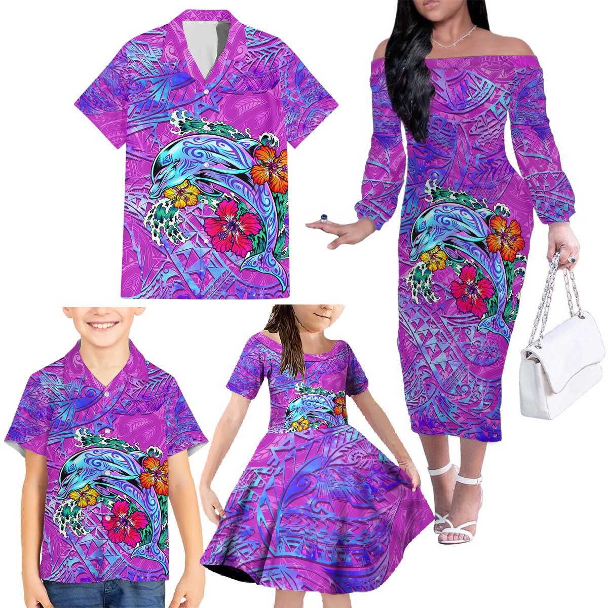 Personalized Dolphin Polynesia Family Matching Off The Shoulder Long Sleeve Dress and Hawaiian Shirt Hibiscus Tropical Wave - Purple Vibes