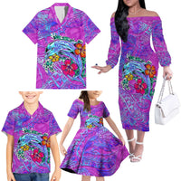 Personalized Dolphin Polynesia Family Matching Off The Shoulder Long Sleeve Dress and Hawaiian Shirt Hibiscus Tropical Wave - Purple Vibes