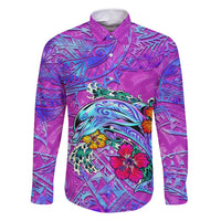 Personalized Dolphin Polynesia Family Matching Off Shoulder Short Dress and Hawaiian Shirt Hibiscus Tropical Wave - Purple Vibes